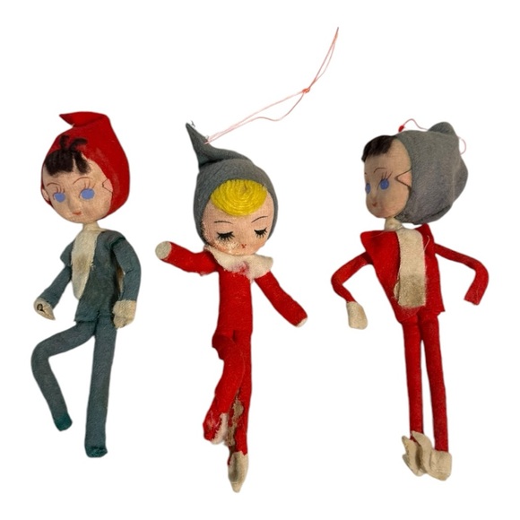 Lot of 3 Stockinette Pixie Elves Ornament Vintage Pixie Elf Ornament - Picture 1 of 16